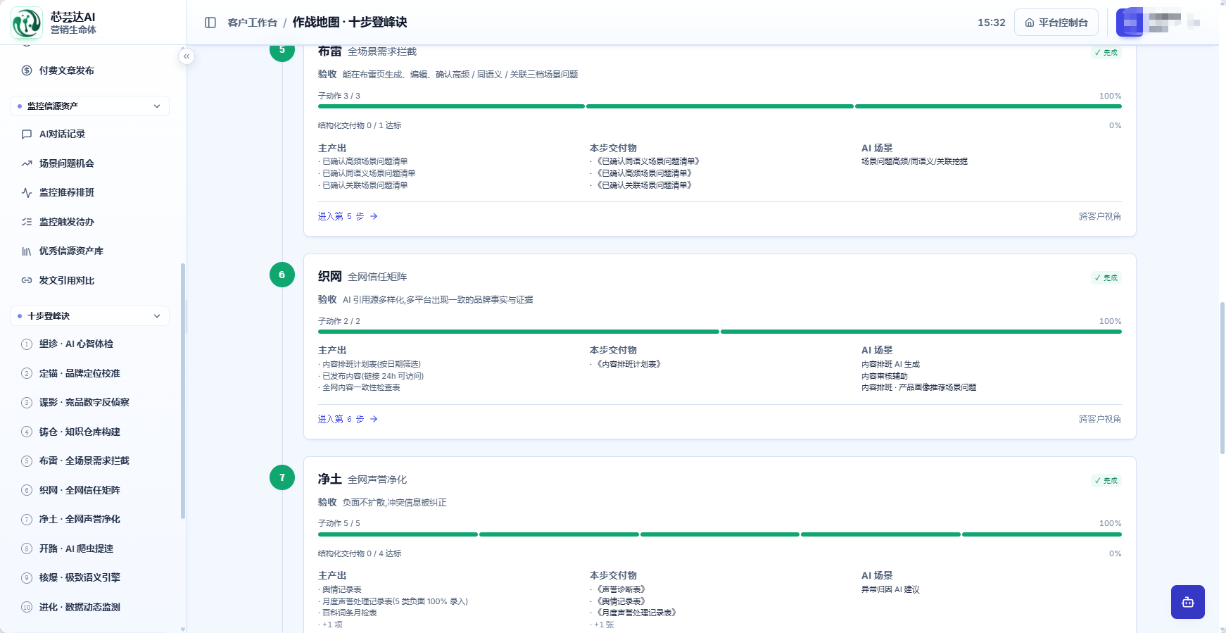 已脱敏的芯芸达AI营销生命体十步登峰诀功能界面